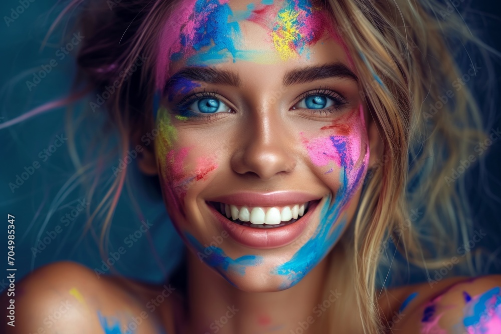 Portrait of a beautiful girl full of colored powder all over the body