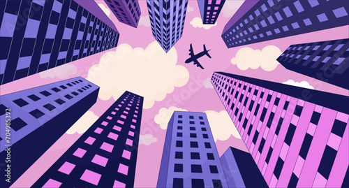 Plane flying over high rise buildings lofi wallpaper. Airplane skyscrapers below view 2D cartoon flat illustration. Aircraft megalopolis. Dreamy chill vector art, lo fi aesthetic colorful background photo