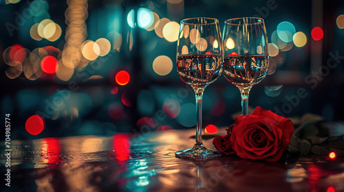 Two glasses of wine with bouquet of red roses. 