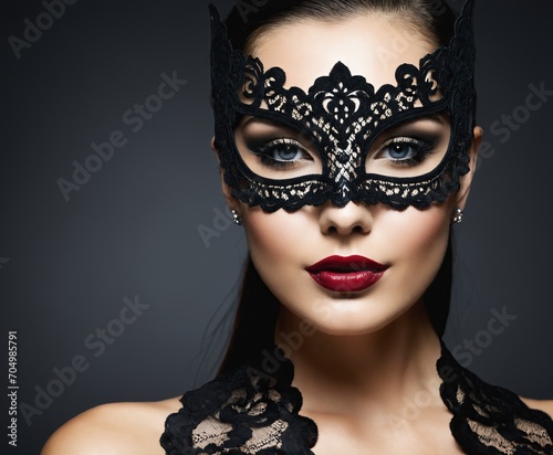 Beautiful Woman with Black Lace mask over her Eyes