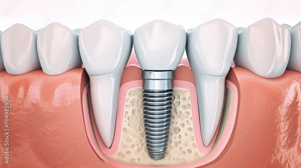 Mental model dental implant installation procedure, way of restoring missing tooth, implant is placed in the gums of the oral, Doctor consulting patient in clinic, dental plate denture, illustration - obrazy, fototapety, plakaty 