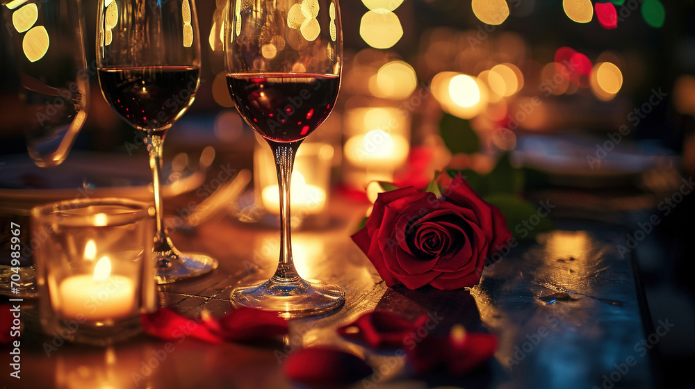 Two glasses of wine with bouquet of red roses. Two glasses of wine with bouquet of red roses.