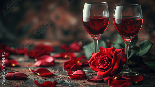 Two glasses of wine with bouquet of red roses.  photo