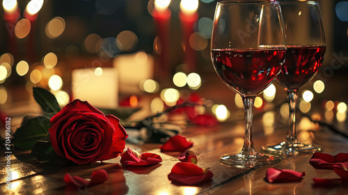 Two glasses of wine with bouquet of red roses. 
