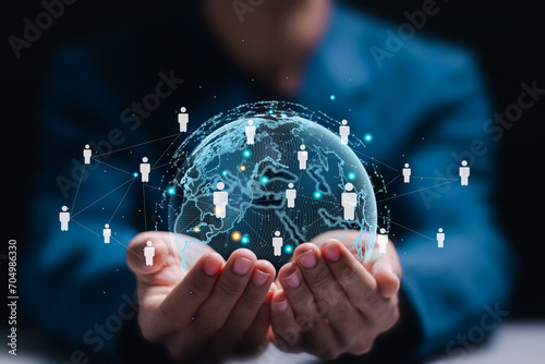 Human resource (HR) network structure, Businessman holding virtual world for business concept and communication technology, management and recruitment, social network.