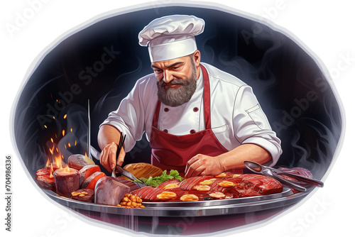 Round logo of chef making meat.