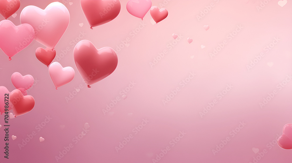.Valentine's day greeting card background. Pink and red heart-shaped balloons are flying on a pink with bokeh background with copy space. Valentine's card. Valentine's Day concept template for text.