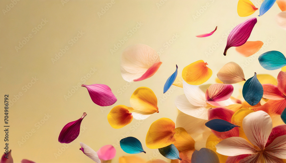 Petals falling against a light golden background, festive mood, vibrant colours