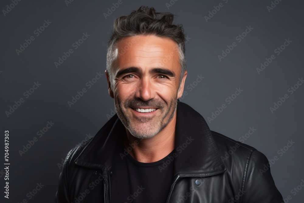Portrait of a handsome middle-aged man wearing a black leather jacket.
