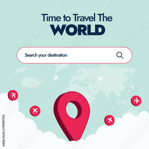 Travel the world, search you destination. Travel agency, company promotion banner with location icons for destination and airplane icons. World tour concept. Travelling advertising facebook post