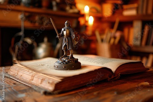 Medieval knight miniature in an open book on a wooden table, fantasy concept. Generative AI