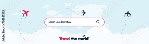 Travel and tourism. Travel agency  Facebook cover banner with search bar to search for you destination. Travelling company banner with airplane icons and sky view. Plan your tour now, online booking