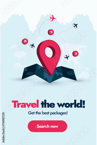 Travel the world, World tourism day. Travel the world and get best packages. Travel company advertising banner with world map, airplane icons and pink colour location icon on map