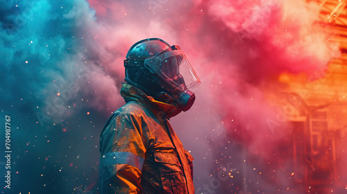 Man in hazmat with colourful booms on background.  photo