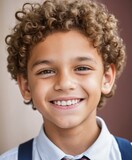 Closeup portrait of smiling smart curly haired school boy