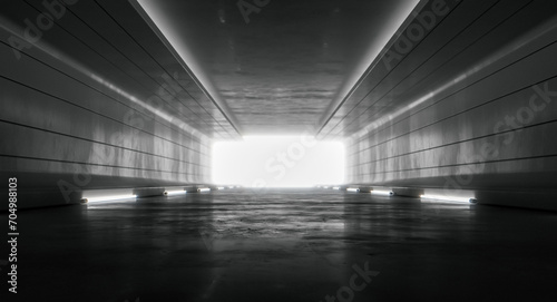 Fototapeta Naklejka Na Ścianę i Meble -  Futuristic illuminated corridor tunnel interior with light. Abstract Future background design. Technology Sci-fi hi tech concept. 3d rendering