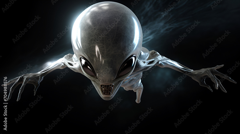 A terrible evil alien humanoid with aggressive bared fangs and big eyes, gray slippery skin attacks flies in black outer space - obrazy, fototapety, plakaty 