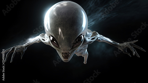 A terrible evil alien humanoid with aggressive bared fangs and big eyes, gray slippery skin attacks flies in black outer space
