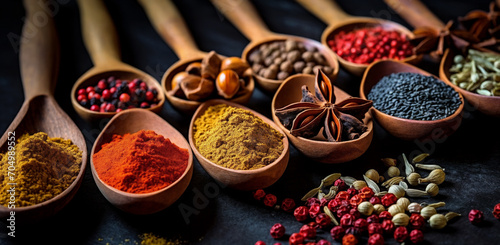 a table topped with wooden spoons filled with different types of spices and spices powders and spice powders, generative ai