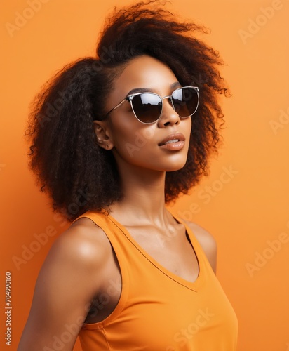 portrait of a cool and modern black woman with sunglasses in front of a orange wall