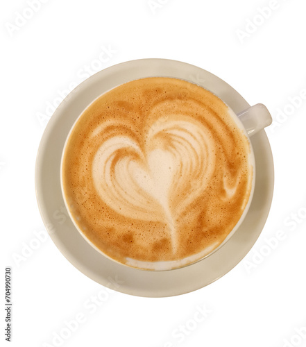 Top view of Hot coffee cappuccino latte art isolated on white background. / latte art coffee or mocha coffee