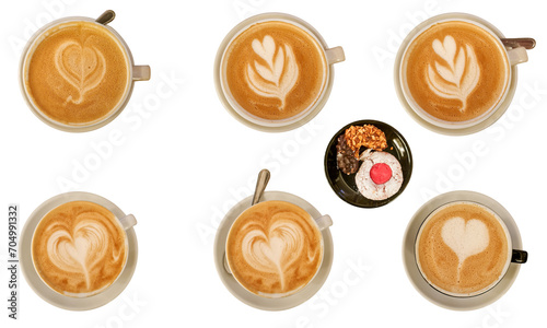Top view of hot coffee latte art foam set isolated on white background / latte art coffee or mocha coffee