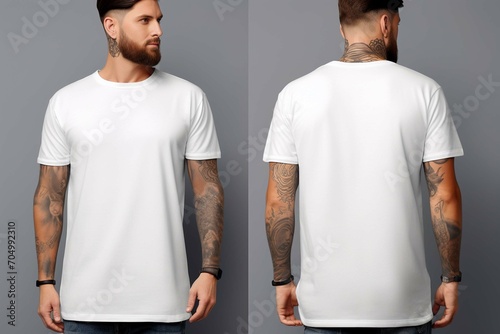 Handsome young man wearing a white casual t-shirt. Side view, behind and front view of a mockup t-shirt for design print photo