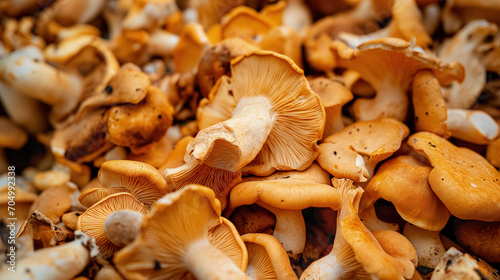 Abundant pile of golden chanterelle mushrooms.