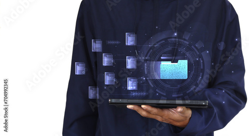 Document management system concept. Document management information system icon on the hand. organize, and manage digital documents. Centralized repository for storage, and distribution.
