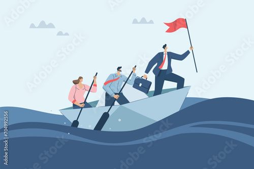 Discovering new business opportunities and investments, Vision and goal setting, Business team is rowing a boat with the leader holding a flag in paper boat and looking forward, Vector illustration.
