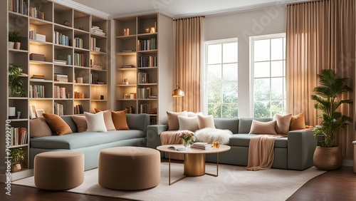  a cozy reading nook with soft lighting and plush seating. 