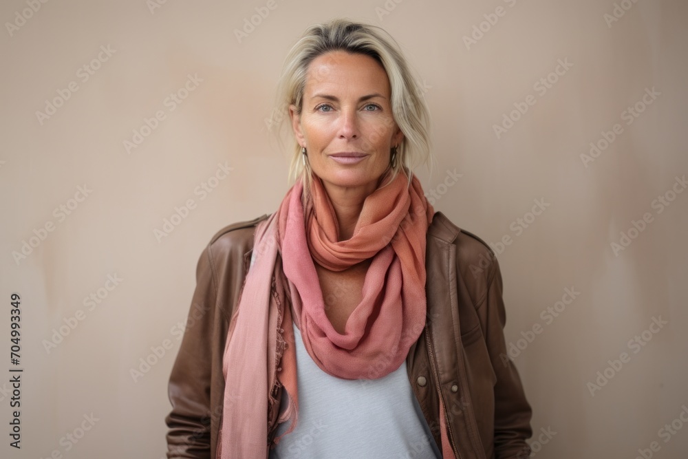 Portrait of a beautiful middle-aged woman wearing a pink scarf Portrait of a beautiful middle-aged woman wearing a pink scarf