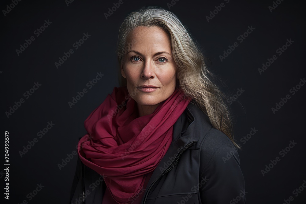 Portrait of a beautiful middle-aged woman wearing a red scarf