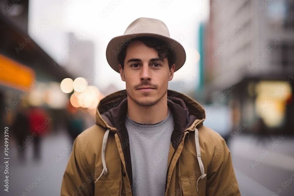 Portrait of a handsome young man wearing a hat in the city