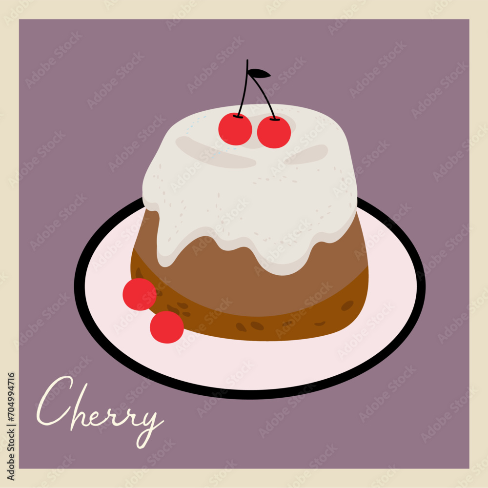 Flat Design Illustration with Cupcake and Cream Vanilla, Cherry Flat Design Illustration with Cupcake and Cream Vanilla, Cherry