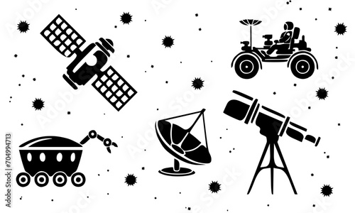 Space equipment, space exploration in black and white 