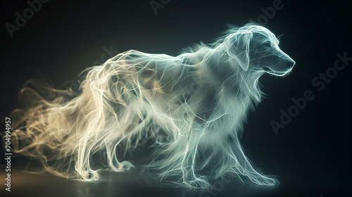 Offering an epic style that captivates the imagination and heralds a new era of visual storytelling. a realistic hologram of a transparent dog, glowing white with ethereal radiance, epic style. © Akharadat