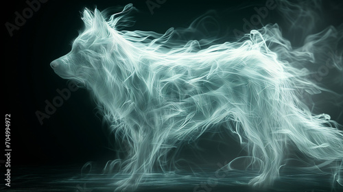 Offering an epic style that captivates the imagination and heralds a new era of visual storytelling. a realistic hologram of a transparent dog, glowing white with ethereal radiance, epic style.