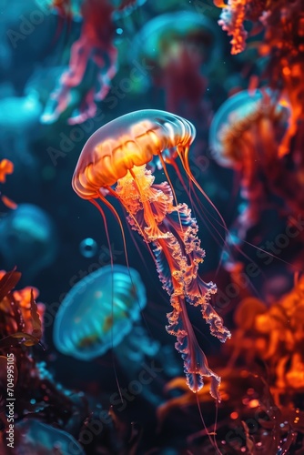jellyfish swimming in the sea with blue seas, in the style of glowing colors
