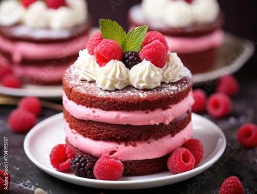 A chocolate cake with raspberries and whipped cream. Valentine's day desserts.