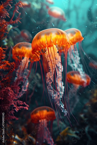 jellyfish in the ocean with their tails up in pink and orange