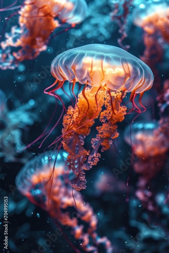 jellyfish in the ocean with their tails up in pink and orange