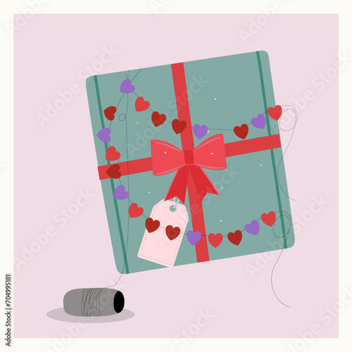 Flat Design Illustration with Ribbon, Present nad Decorations Love