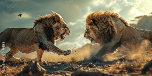 large fight lions in the desert with golden sunset © Landscape Planet