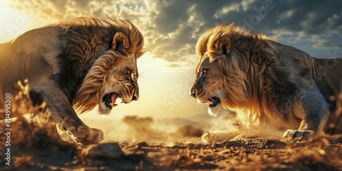 two lions fighting in the desert with stormy sky and sun photo