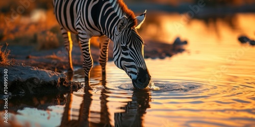 A Zebra having a drink on a safari in South Africa photo