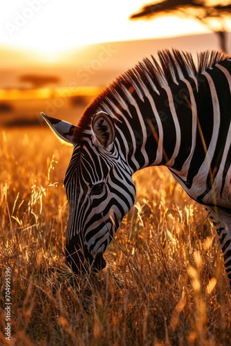 zebra at sunset drinking from a hole in the ground  in the style of impressive panoramas  sparkling water reflections