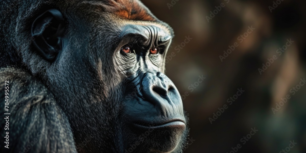 Obraz premium an adult female gorilla is staring as it is dark behind it, in the style of intense portraiture