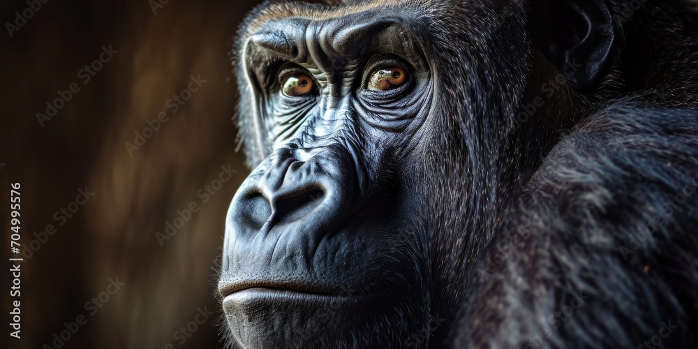 an adult female gorilla is staring as it is dark behind it, in the style of intense portraiture