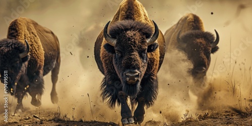 several bison running on the desert, mist © Landscape Planet